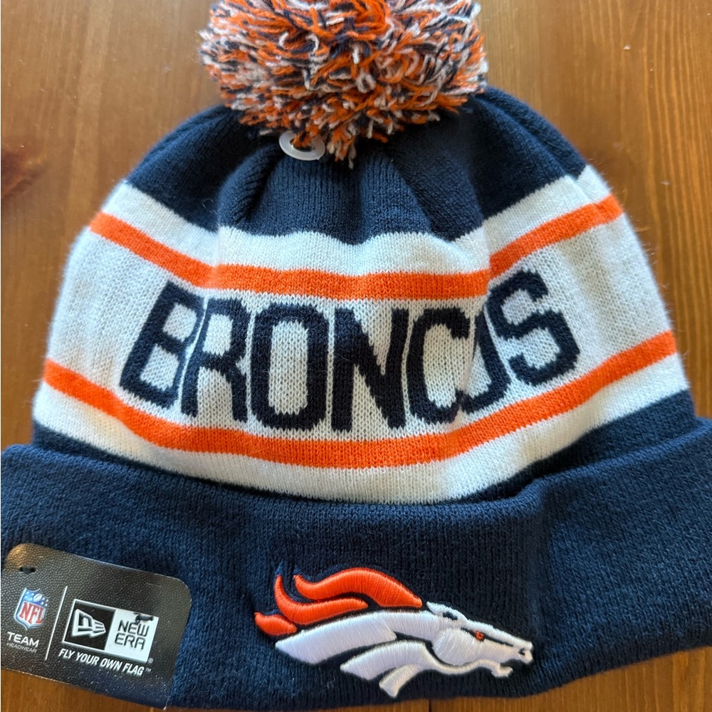 New Era Navy and Orange Knit Beanie with Pom